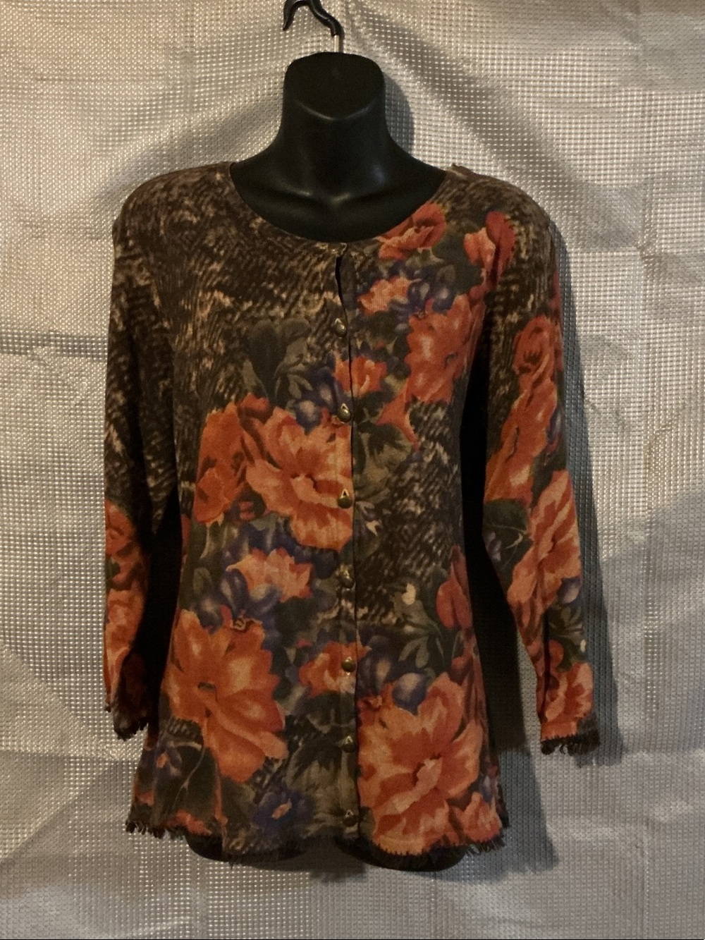 Coldwater Creek Brown Floral Button-Front Long Sleeve Top with Orange Blooms